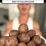 niko holding a plate of meatballs ready to be eaten