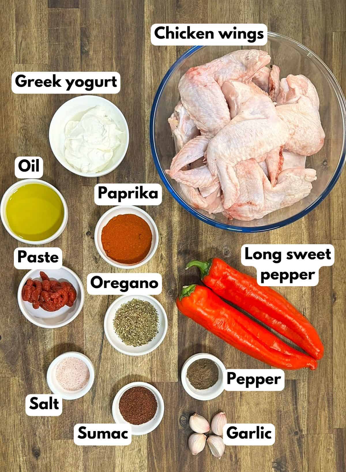 ingredients to make chicken wings with grek yogurt and sweet peppers