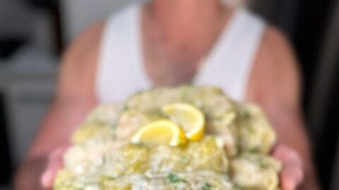 niko holding a plate with cooked lahanodolmades ready for eating